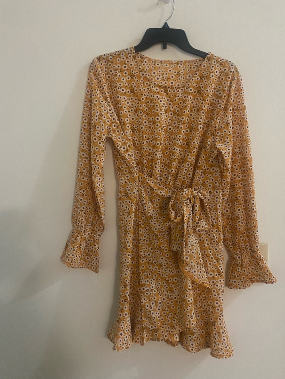 Floral Dress w/long sleeves, ruffle cuffs, crew neck and self tie waist belt